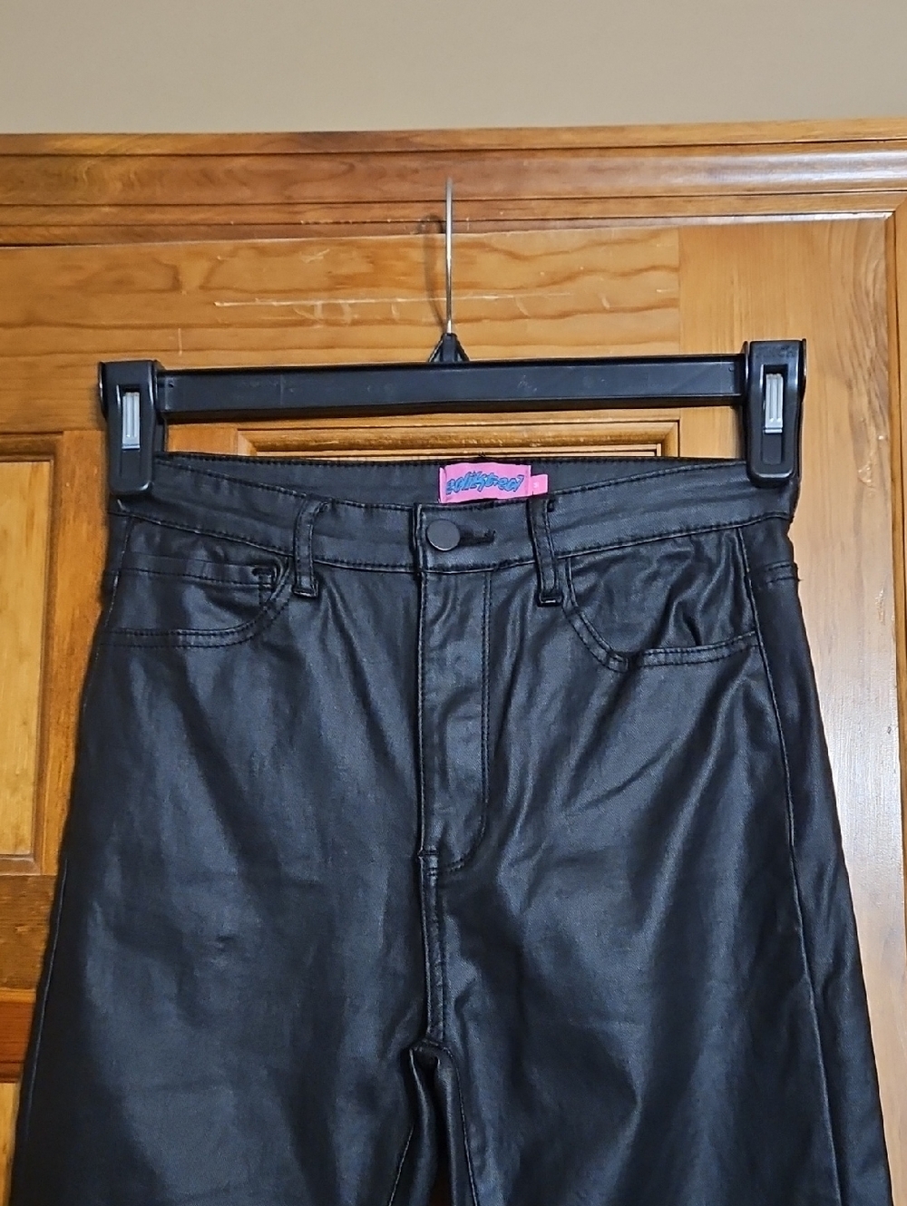 NWOT edikted Luna Black Faux Leather High-Rise Flare Jeans - Picture 5 of 13